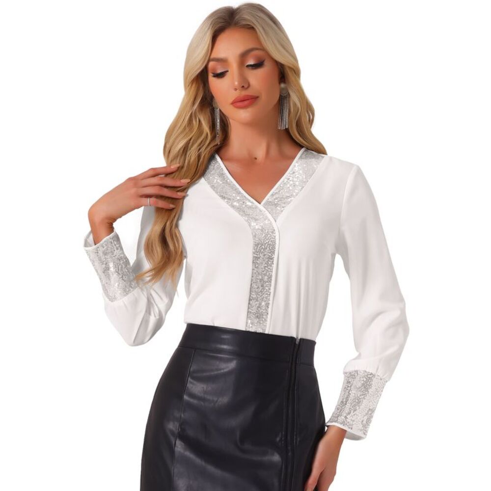 Allegra K White Blouse with Silver Sequin Trim